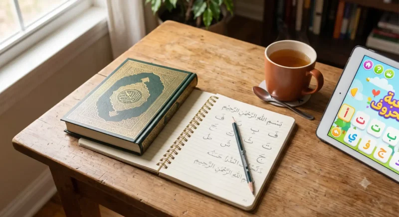 Is Arabic hard to learn — a beginner practicing Arabic letters and harakat beside an open Quran