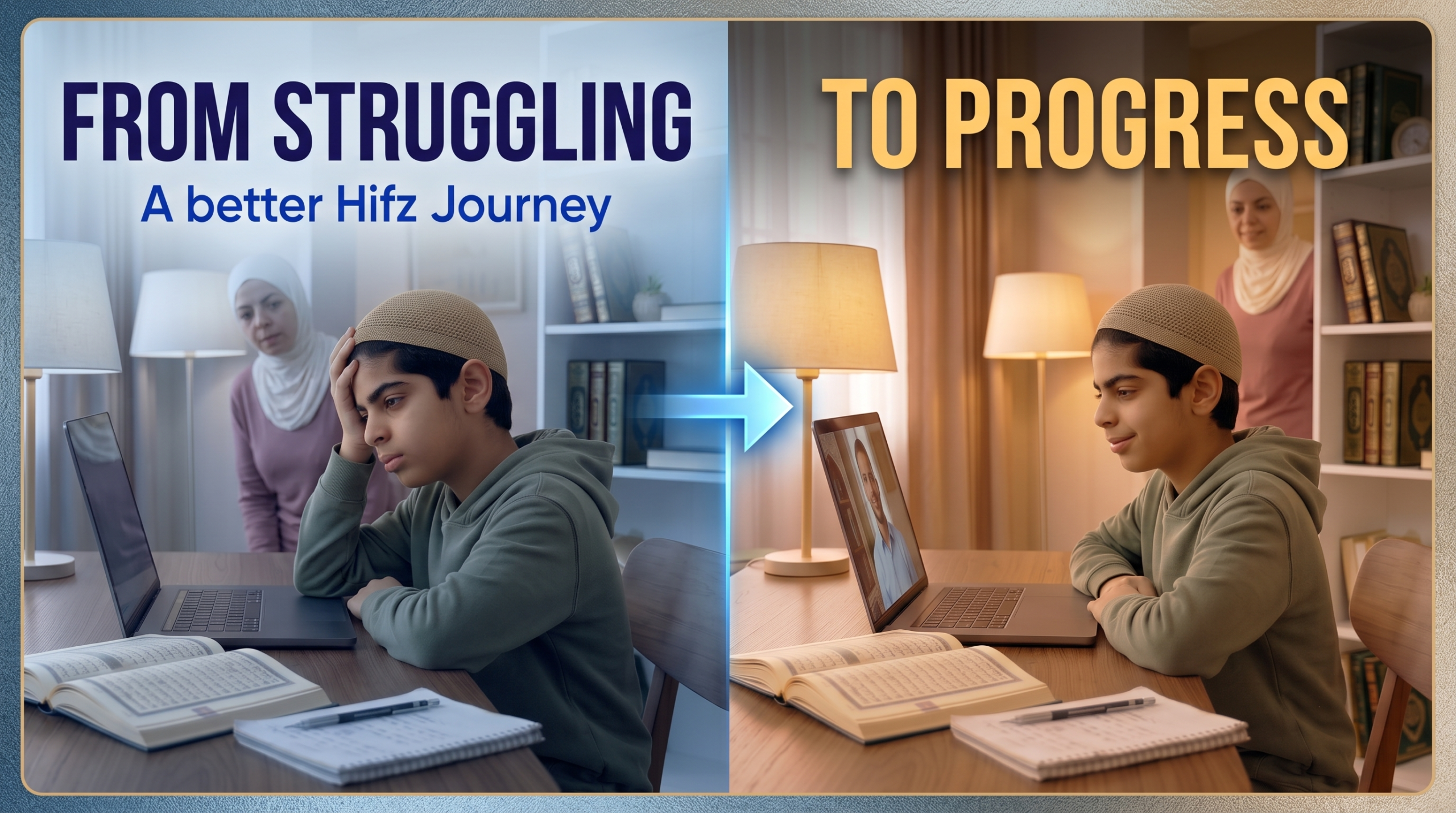 Teacher guiding a child through online Quran memorization step by step