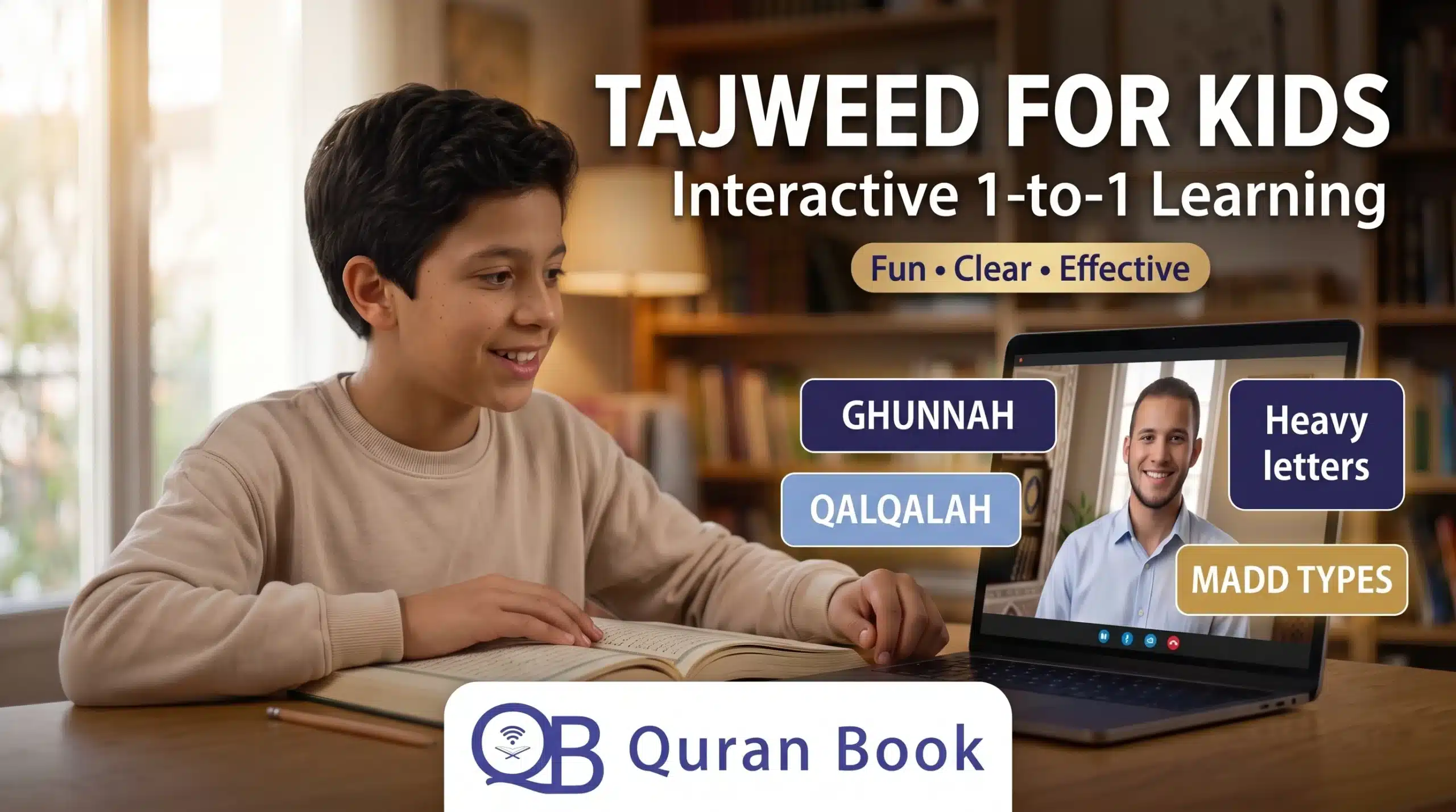 Quran Book Academy Tajweed for Kids programme — child in a live online Tajweed lesson