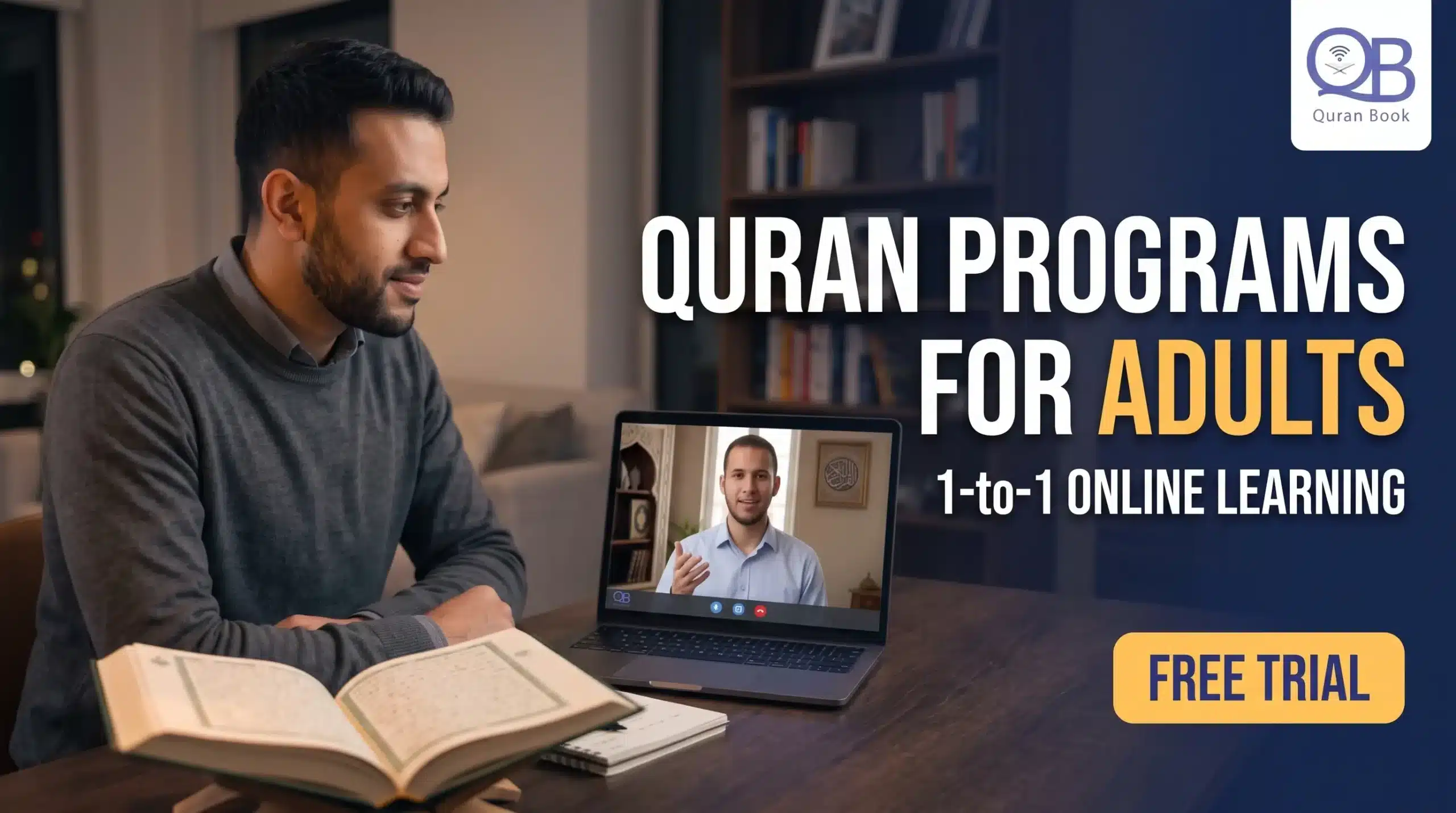 Adult student studying Quran, Tajweed and Arabic in Quran Book Online adult programs